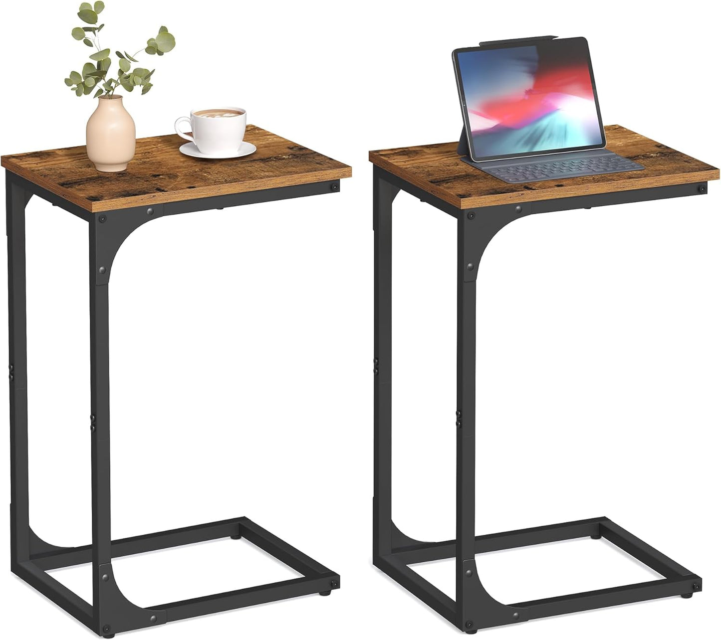 VASAGLE Set of 2 C-Shaped Side Tables – Rustic Brown + Black