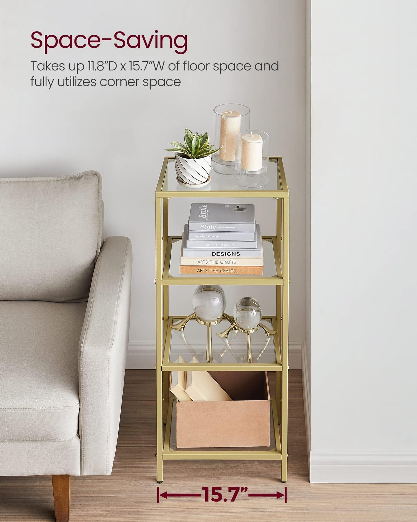 VASAGLE 4-Tier Glass Display Shelf – Pale Gold Frame