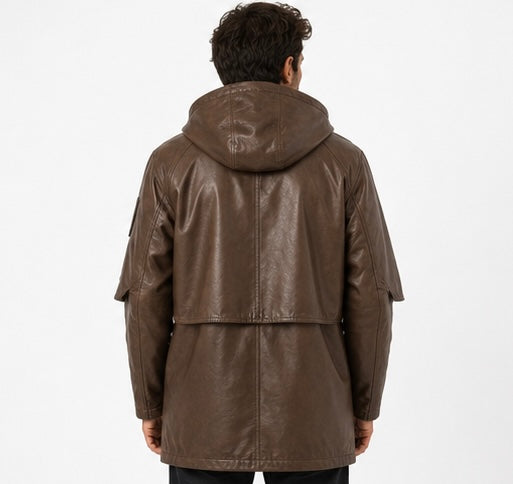 Men’s Hooded Leather Parka Jacket