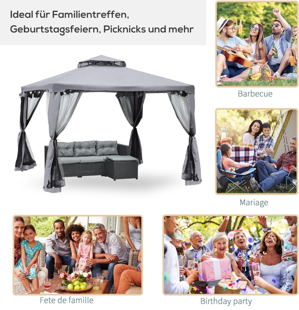 Outsunny 10×10 ft Outdoor Garden Gazebo — Steel Frame with Mosquito Netting, Curtains & Double-Tier Roof (Beige/Black)