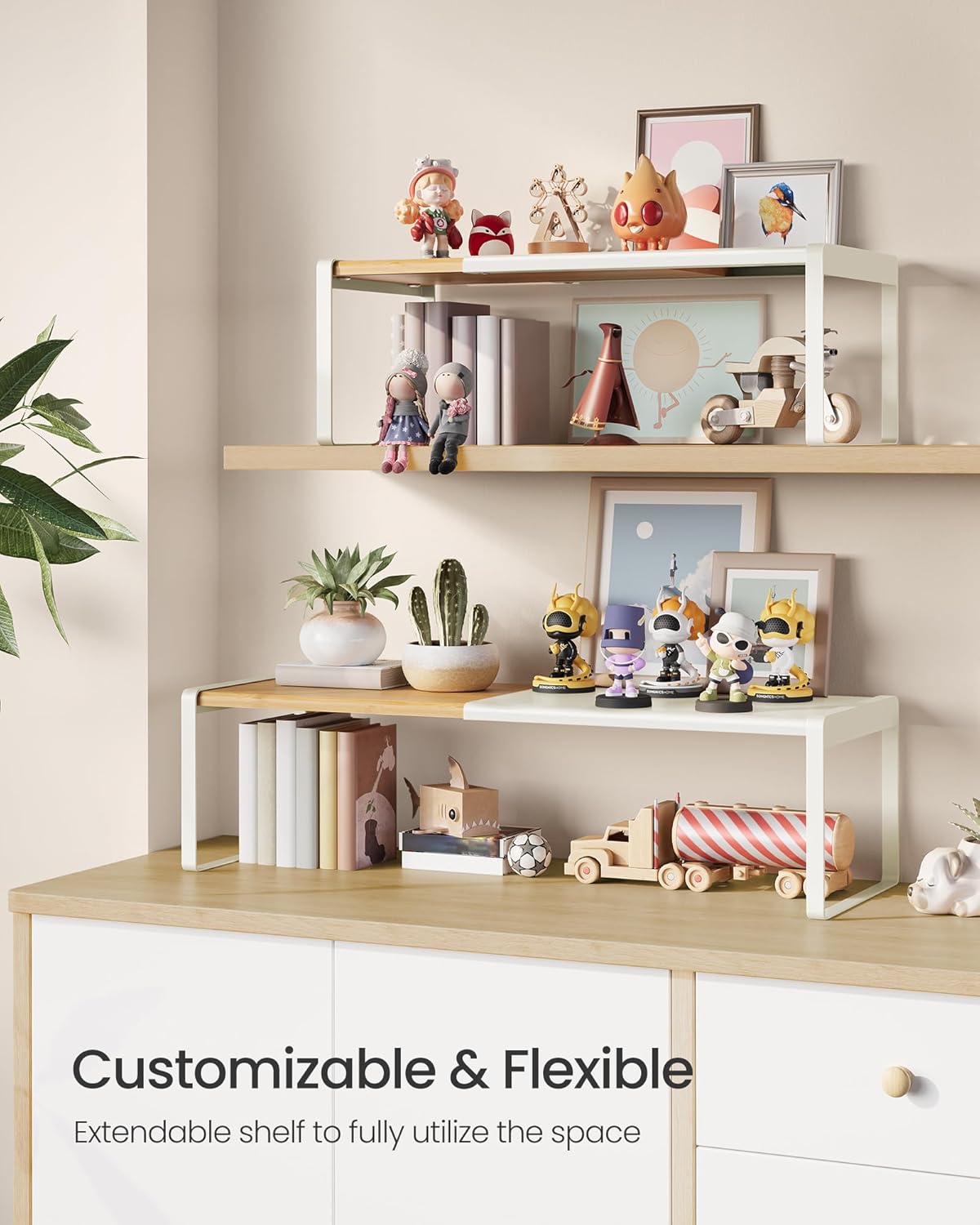 VASAGLE 2-Tier Expandable Counter Shelf – Natural Beige + Cream White