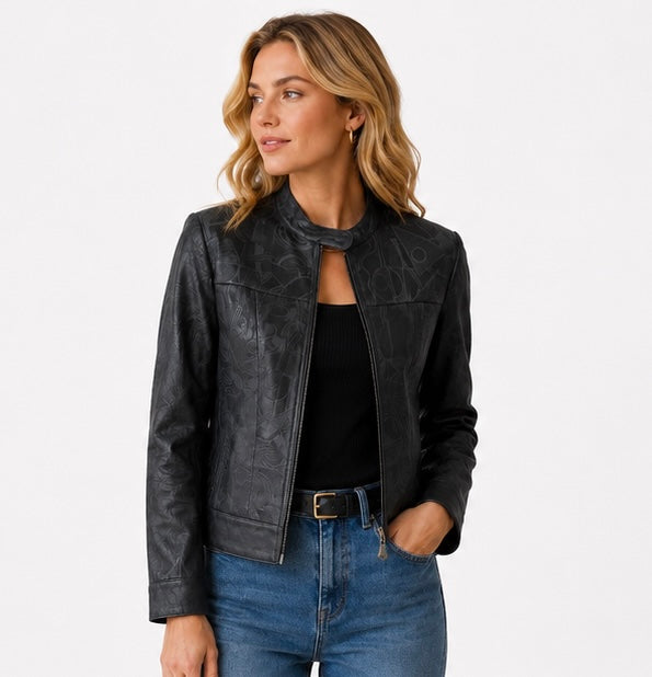 Women’s Embossed Biker Leather Jacket