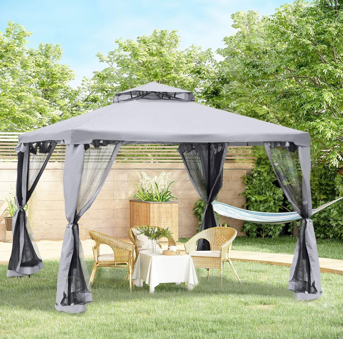 Outsunny 10×10 ft Outdoor Garden Gazebo — Steel Frame with Mosquito Netting, Curtains & Double-Tier Roof (Beige/Black)