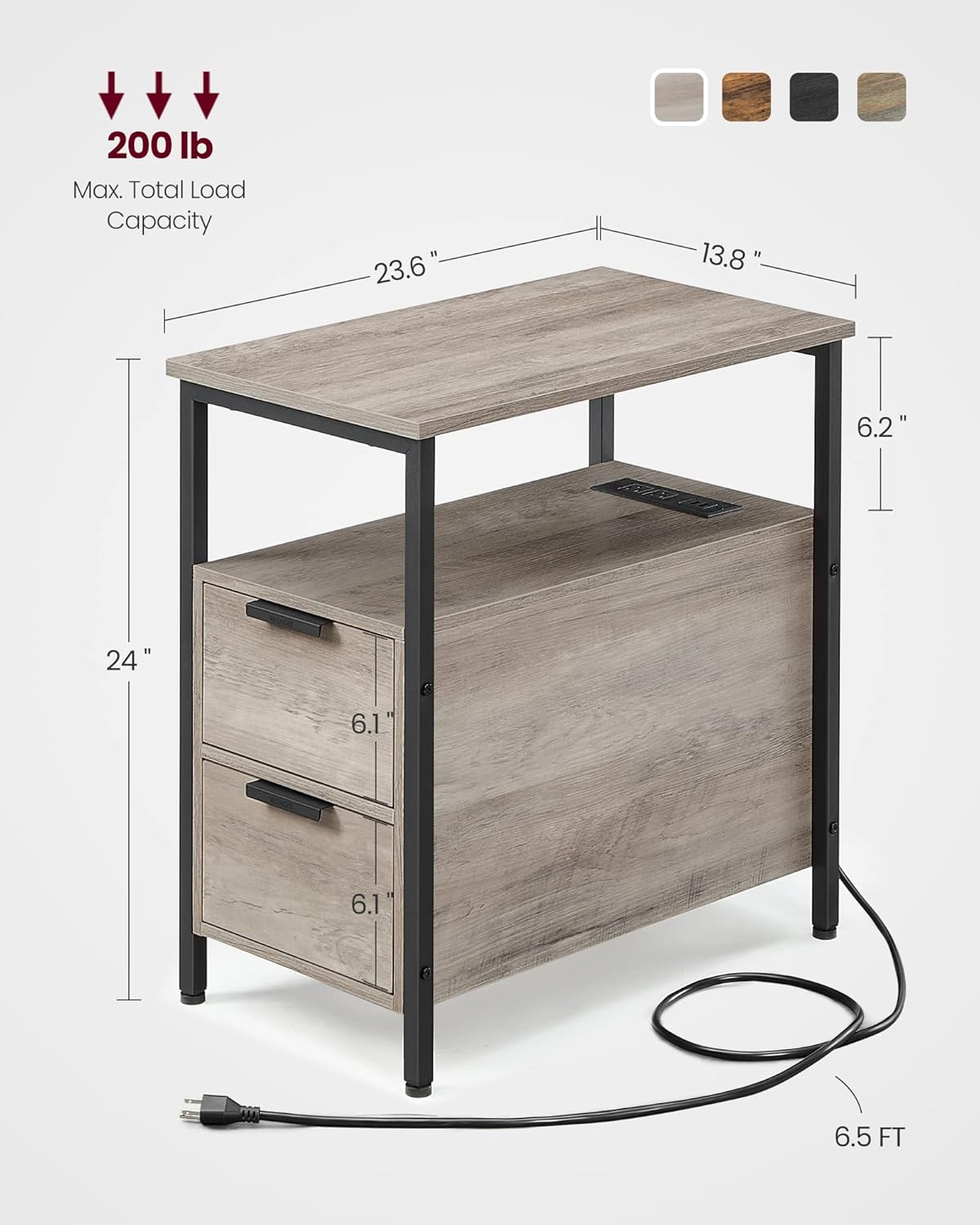 VASAGLE Narrow Side Table with Charging Station – Greige + Black