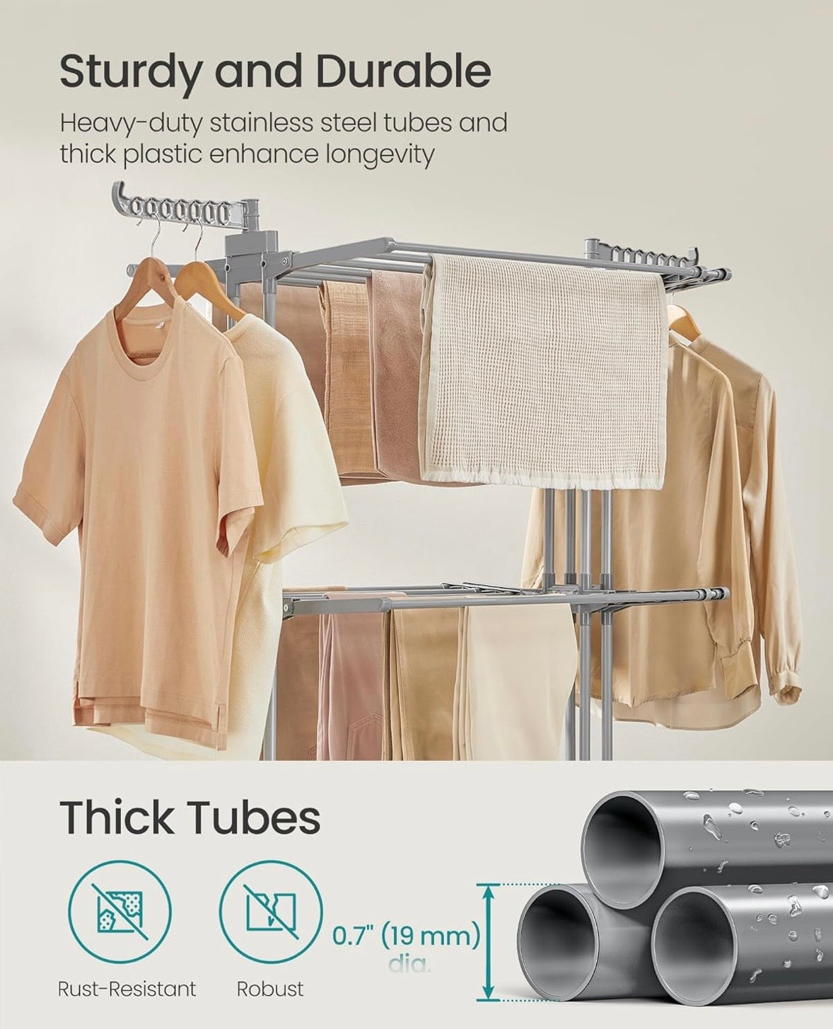 SONGMICS 4-Tier Clothes Drying Rack with Wheels – Dove Gray