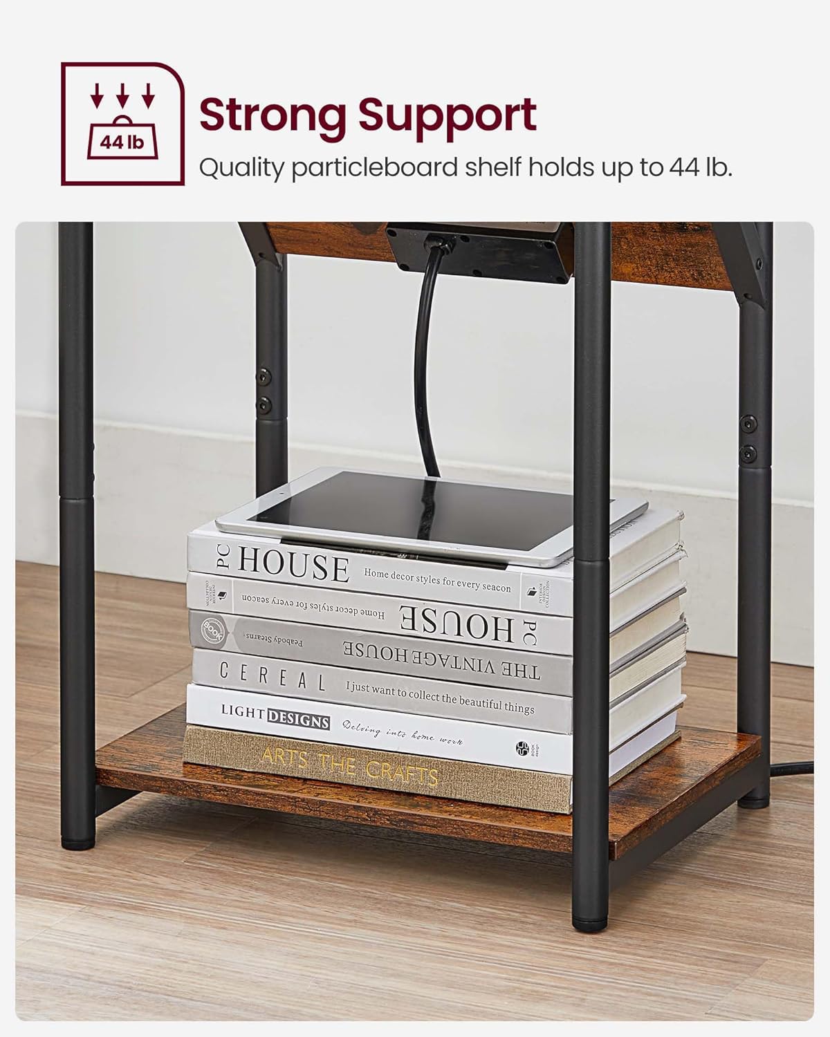 VASAGLE Side Table with Charging Station – Rustic Brown + Black