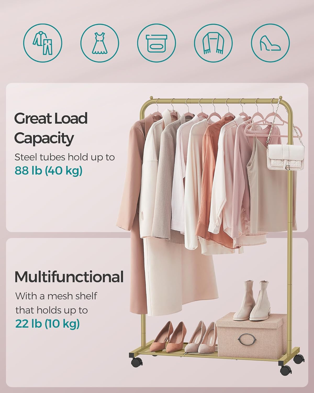 SONGMICS Rolling Garment Rack – Gold