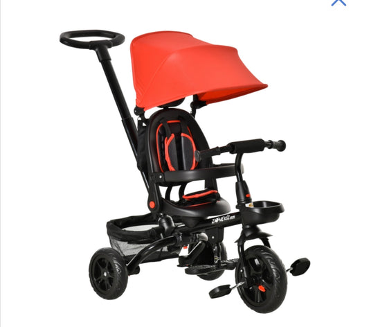 4-in-1 Kids Tricycle with Parent Handle, Adjustable Seat & Canopy – Reversible Seat, Storage Baskets & Safety Belt