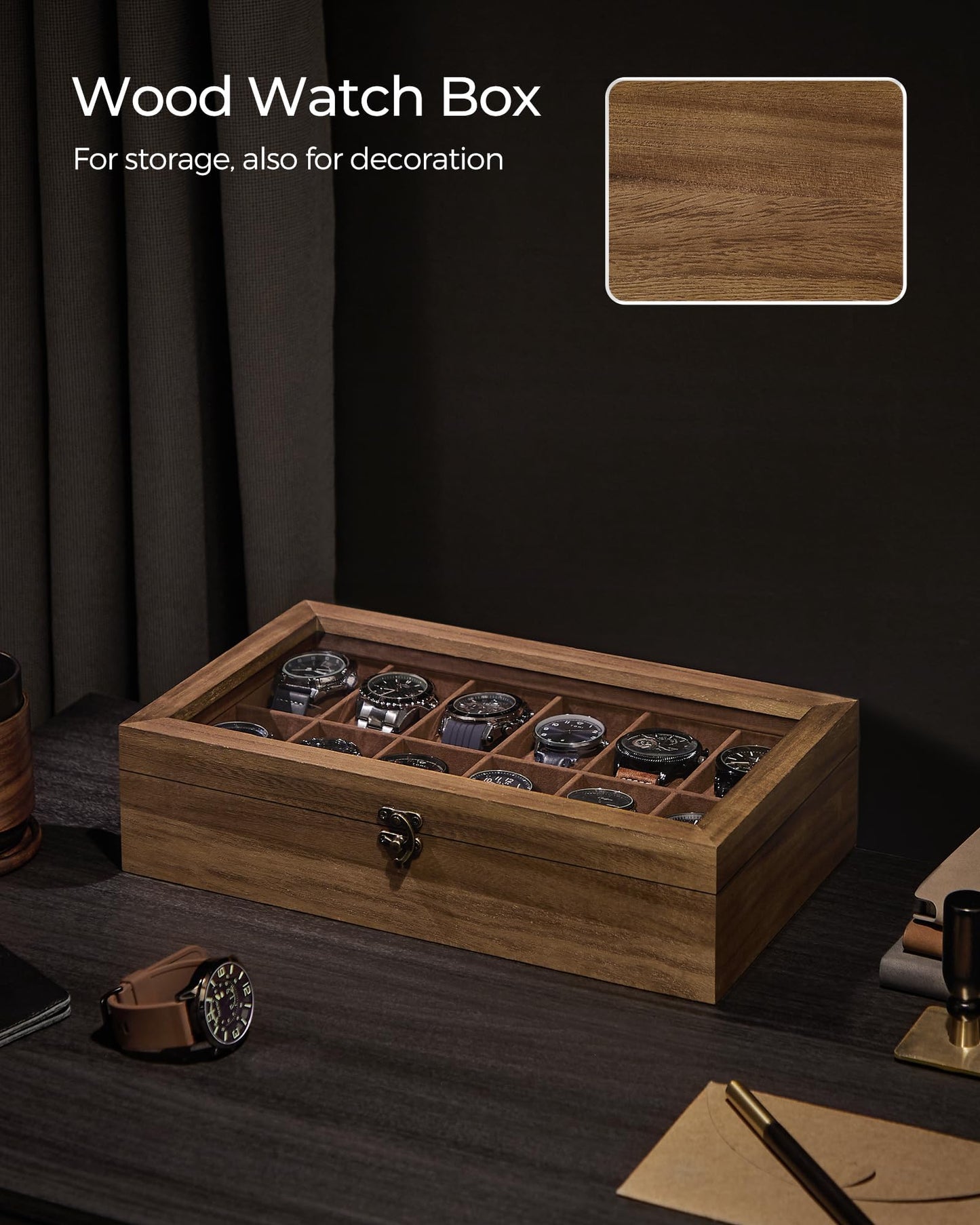 SONGMICS 12-Slot Wooden Watch Box – Rustic Walnut