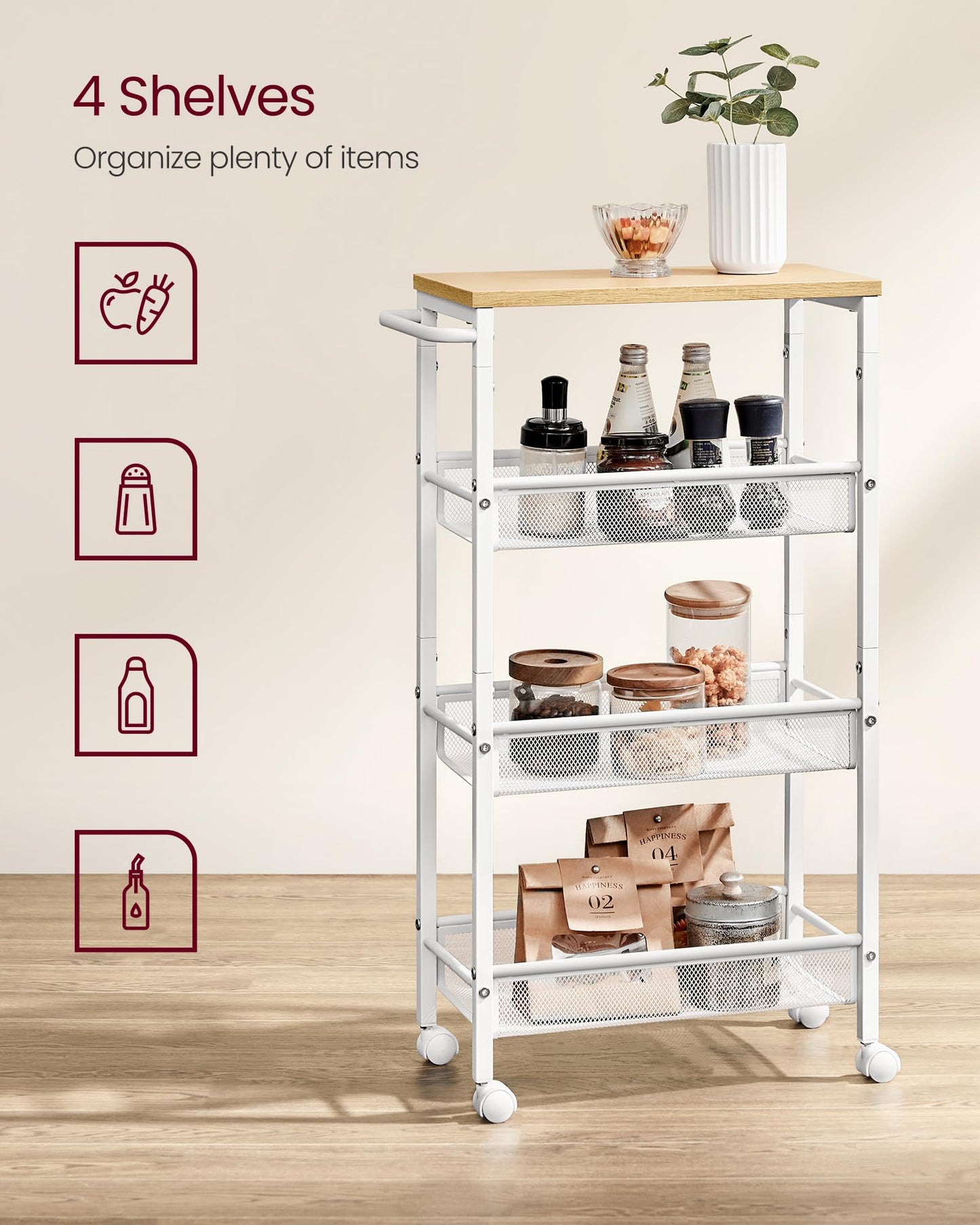 VASAGLE 4-Tier Slim Rolling Storage Cart