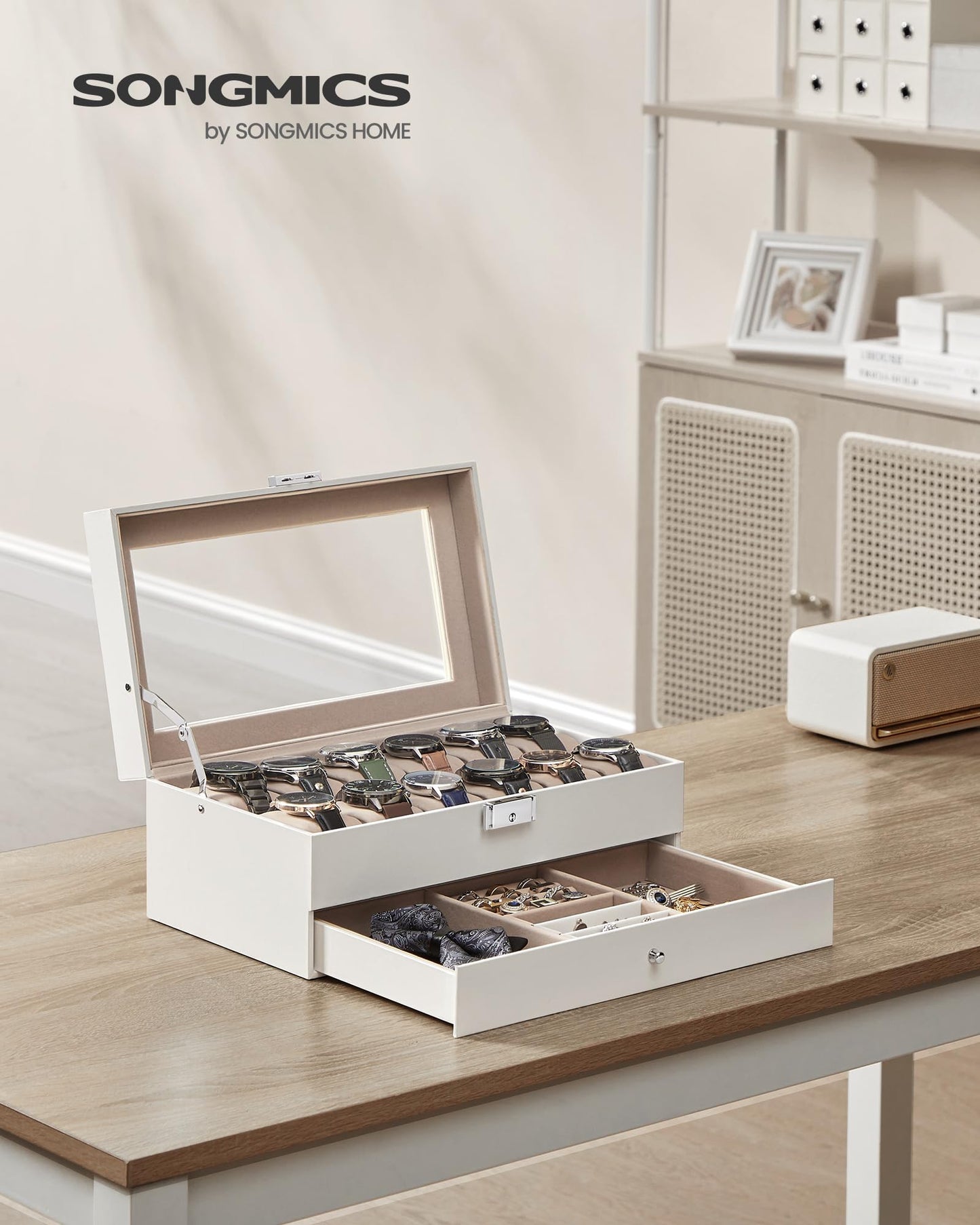 12-Slot Watch Box with Jewelry Drawer