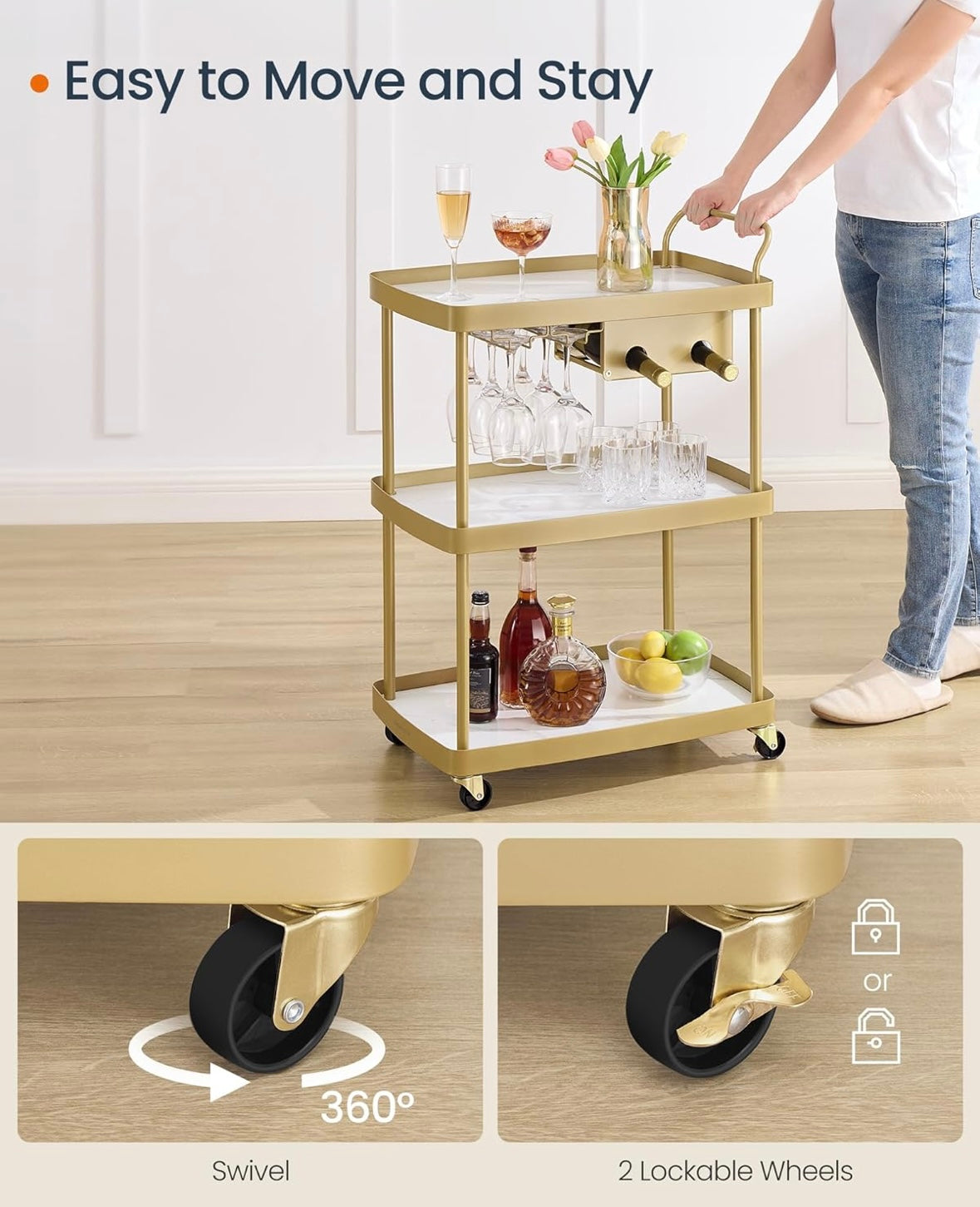 SONGMICS HOME Marble & Gold Bar Cart – 3-Tier Rolling Beverage Cart