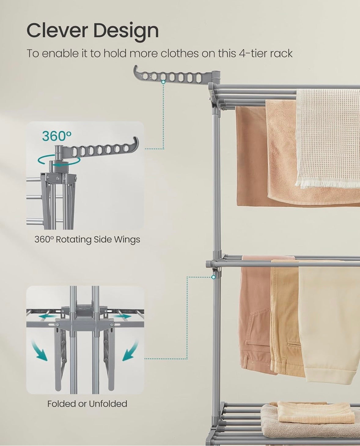 SONGMICS 4-Tier Clothes Drying Rack with Wheels – Dove Gray