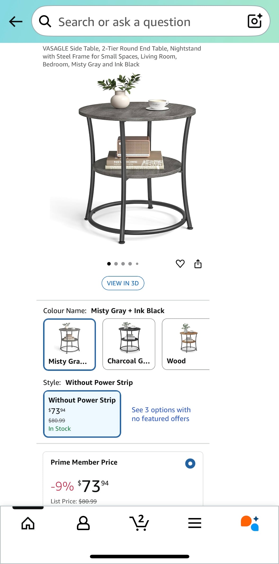 VASAGLE Misty Gray + Ink Black Round Side Table – 2-Tier Modern Accent Table