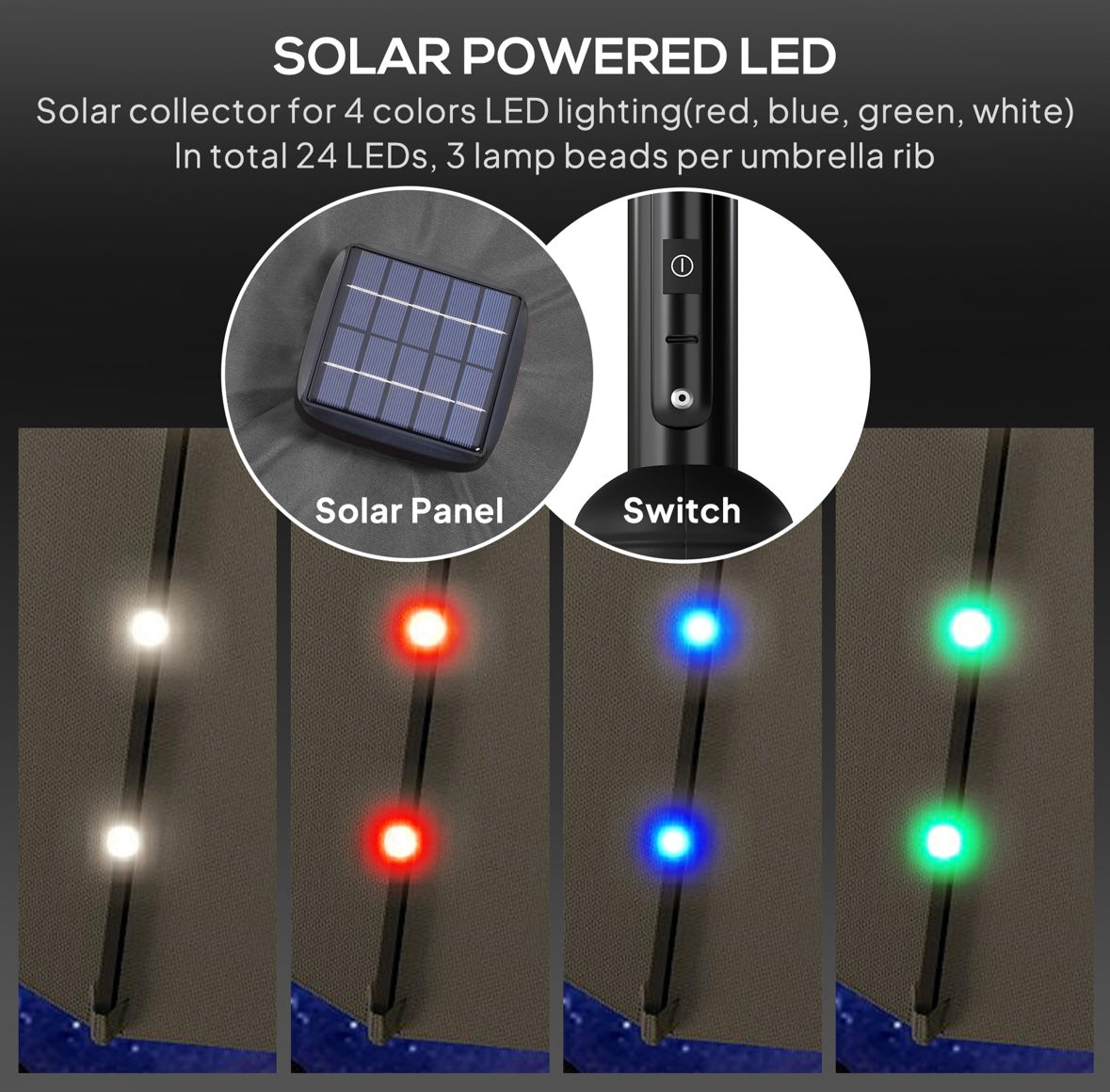 Outsunny 9ft Solar LED Patio Umbrella – 24 Lights | Tilt & Crank | Water-Resistant Canopy | Steel Frame