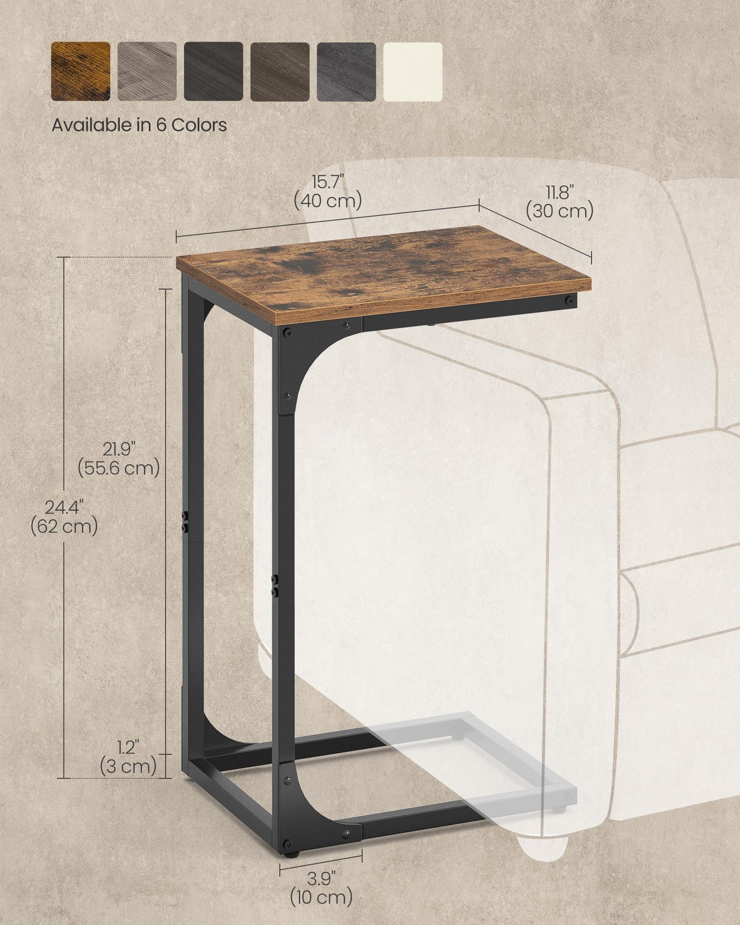VASAGLE C-Shaped Side Table – Rustic Brown + Ink Black