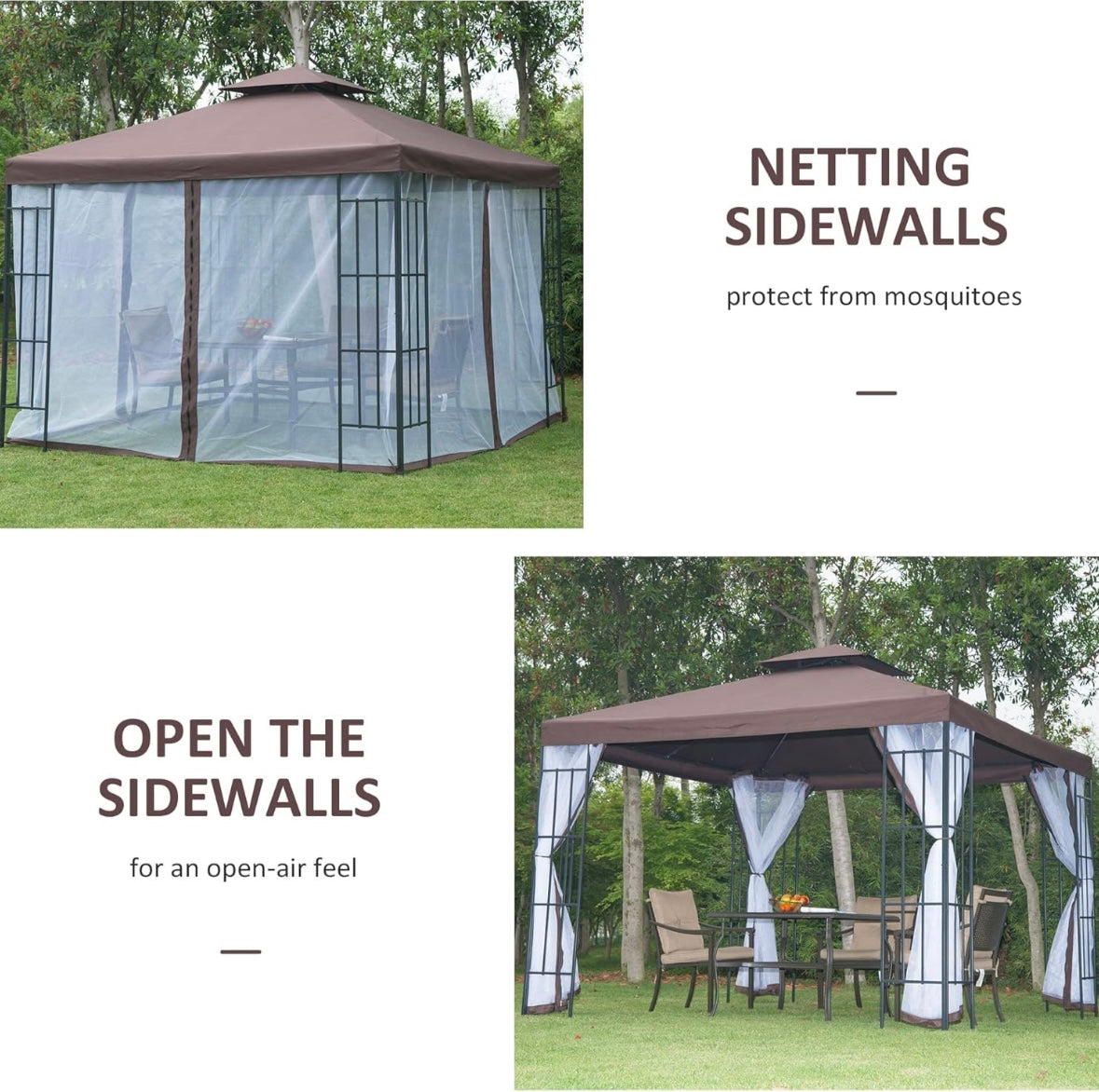 Outsunny 10’ x 10’ Double Roof Patio Gazebo – Aluminum Frame | Mesh Curtains | Water-Resistant Canopy