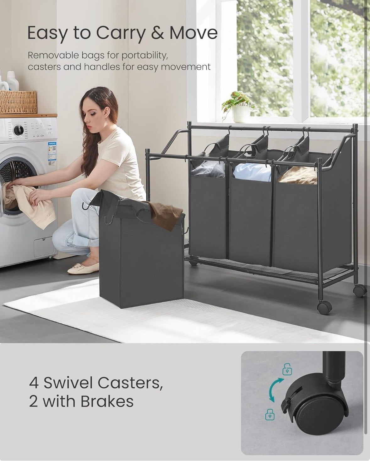 SONGMICS 4-Section Rolling Laundry Sorter – Large Capacity