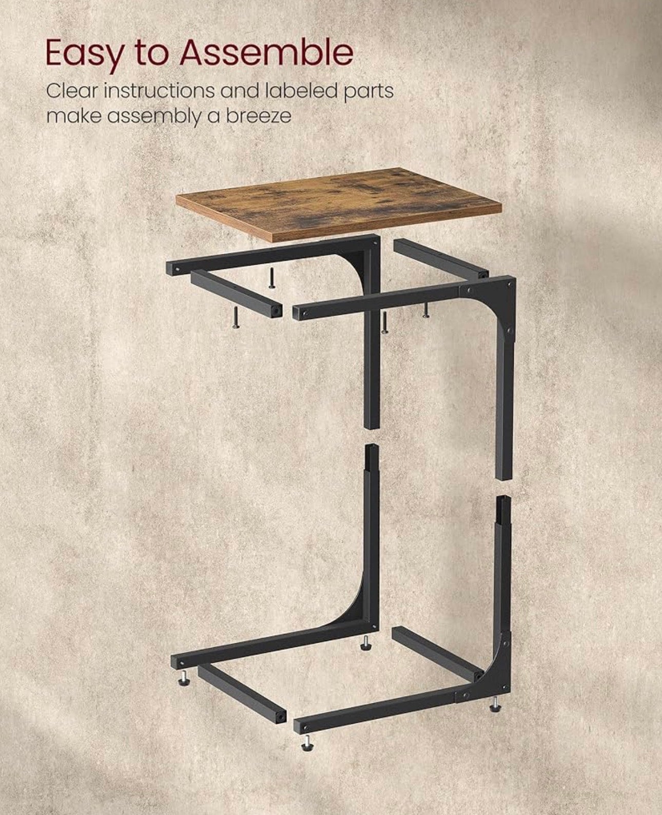 VASAGLE C-Shaped Side Table – Rustic Brown + Ink Black