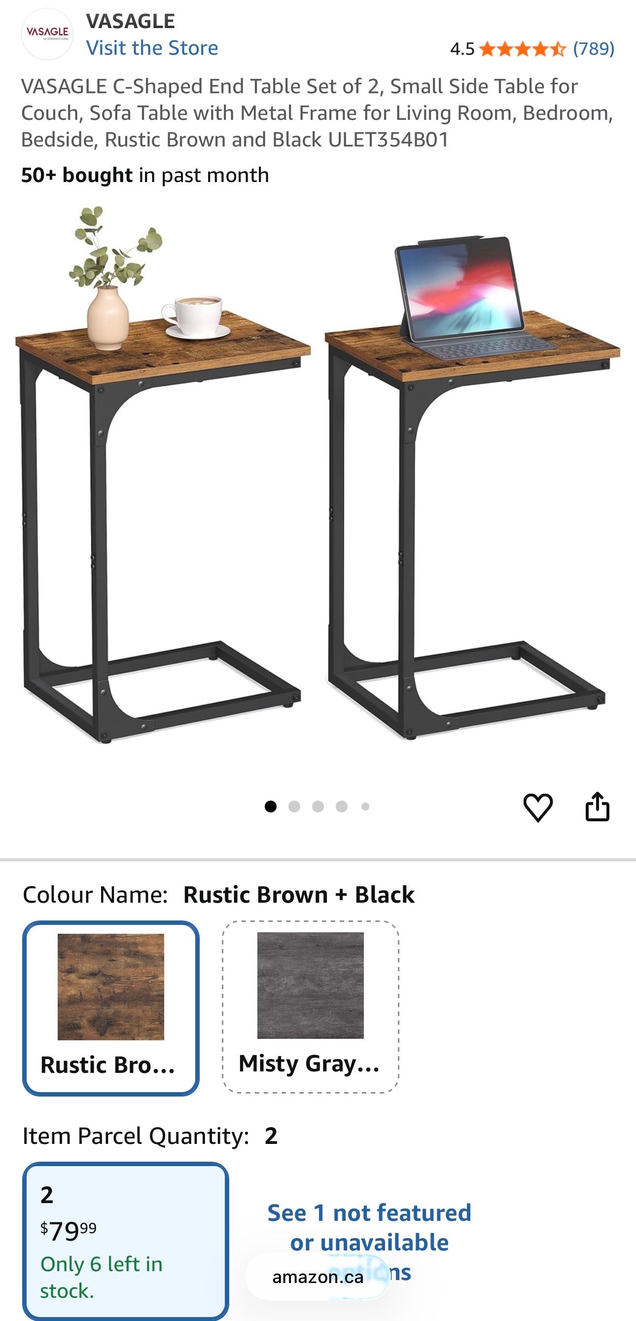 VASAGLE Set of 2 C-Shaped Side Tables – Rustic Brown + Black