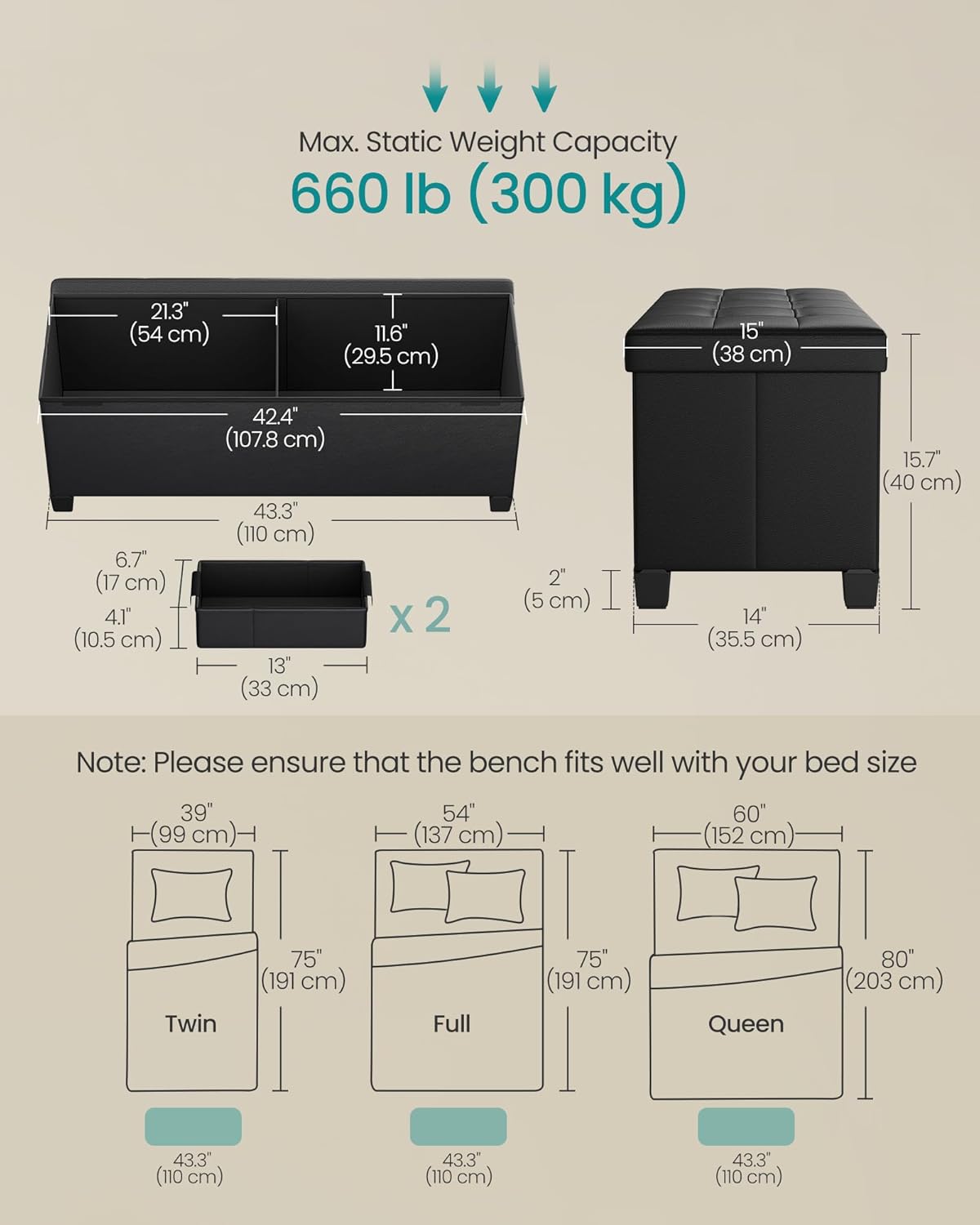 SONGMICS Foldable Storage Ottoman Bench – Ink Black (110 cm)