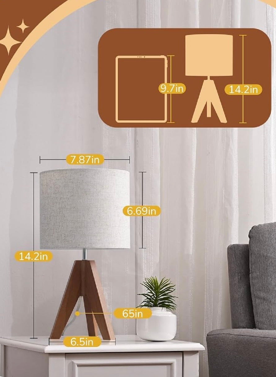 EDISHINE Wooden Tripod Table Lamp with Linen Shade- 2 pack