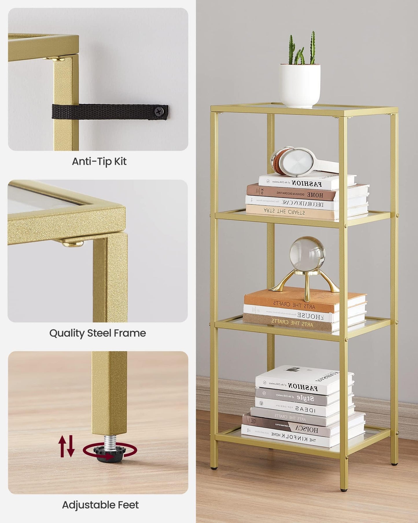 VASAGLE 4-Tier Glass Display Shelf – Pale Gold Frame