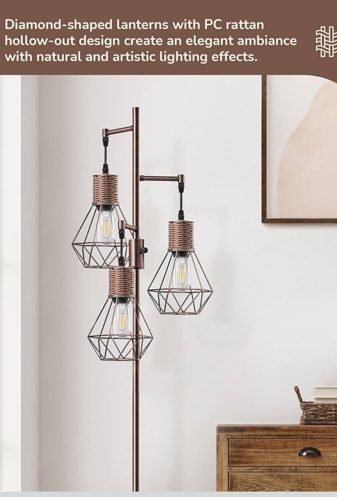 EDISHINE Farmhouse Tree Floor Lamp – 3-Light Diamond Lantern Design