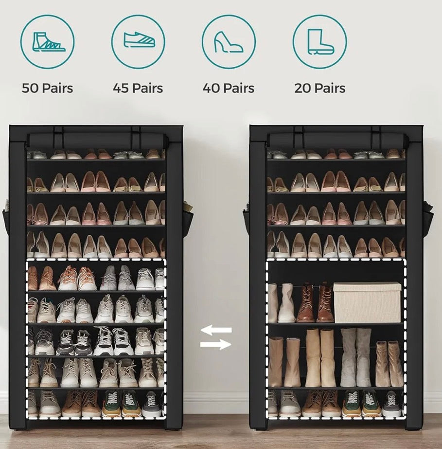 SONGMICS 9-Tier Covered Shoe Organizer with Dustproof Fabric Cover