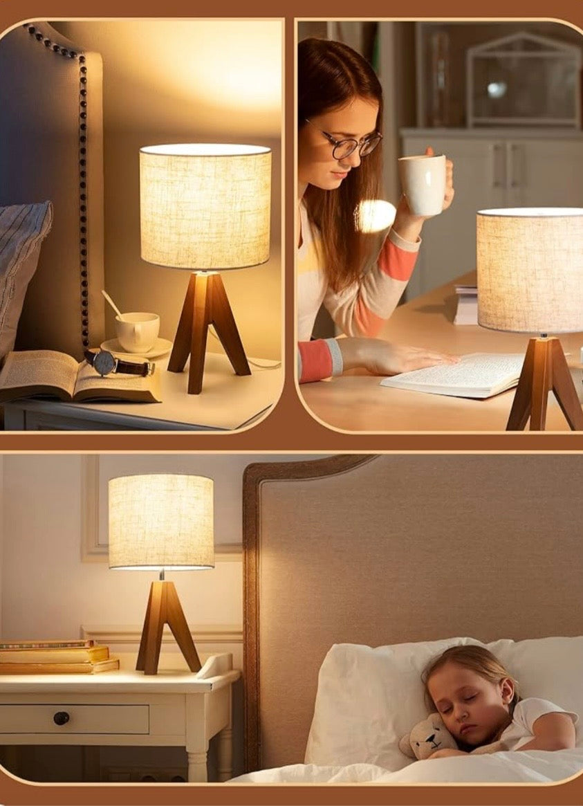EDISHINE Wooden Tripod Table Lamp with Linen Shade- 2 pack