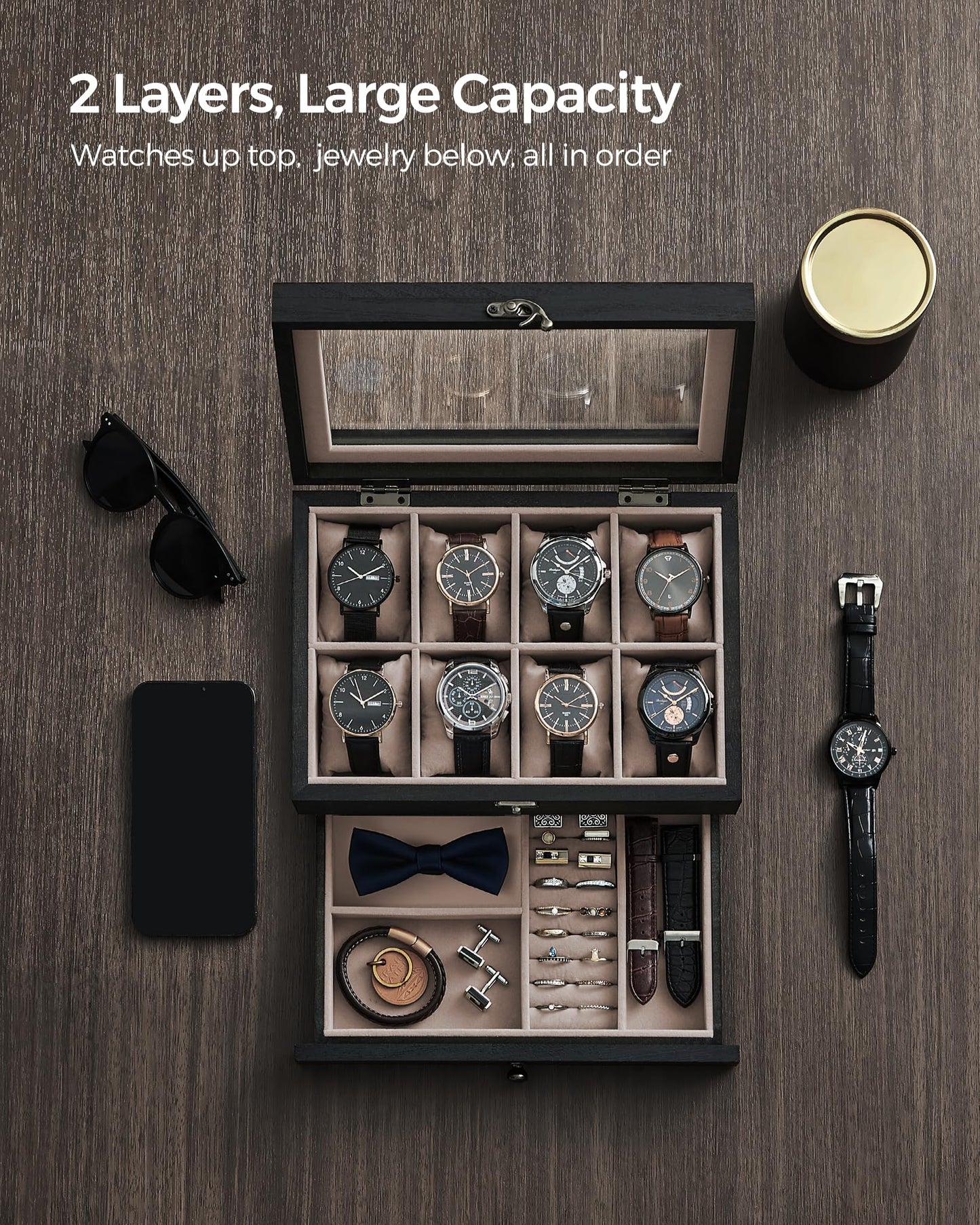 SONGMICS 2-Tier Wooden Watch & Jewelry Box