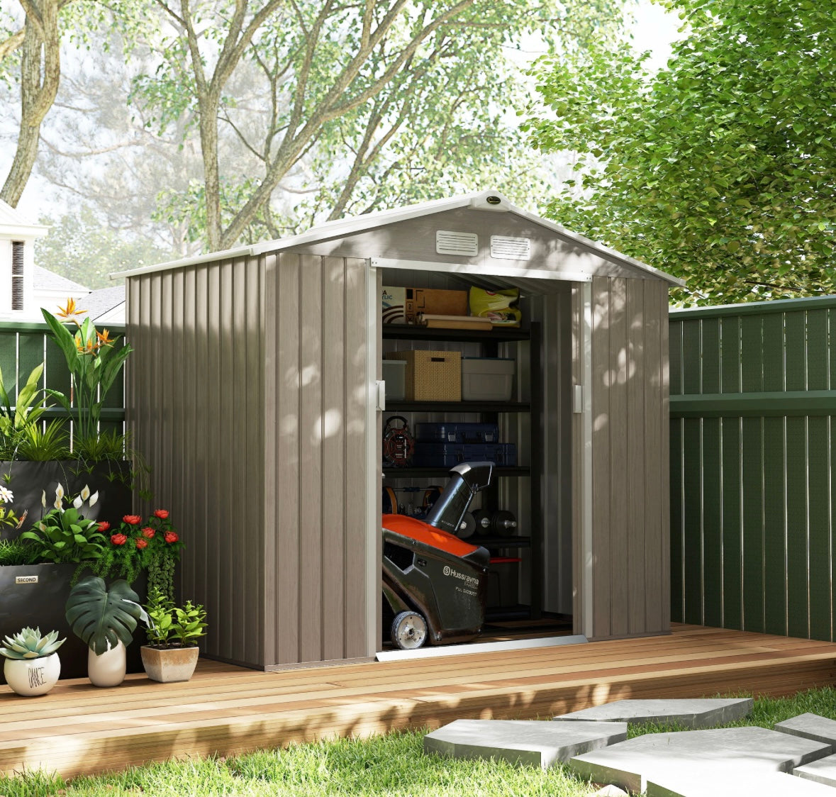 7×4 ft Outdoor Metal Storage Shed — Galvanized Steel Waterproof Garden Tool Shed with Foundation Kit (Classic Grey)