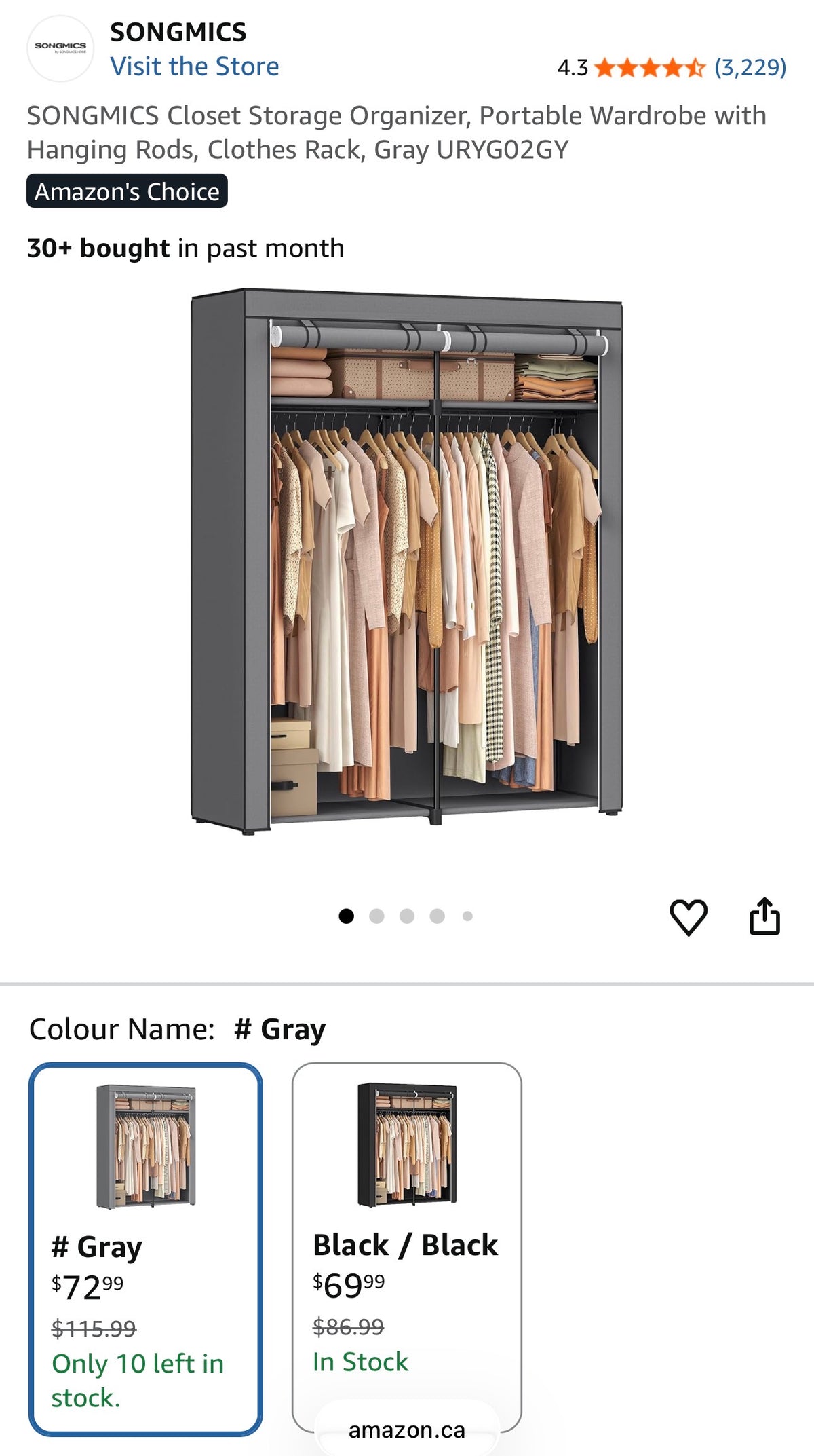 SONGMICS Portable Fabric Wardrobe Closet – Gray
