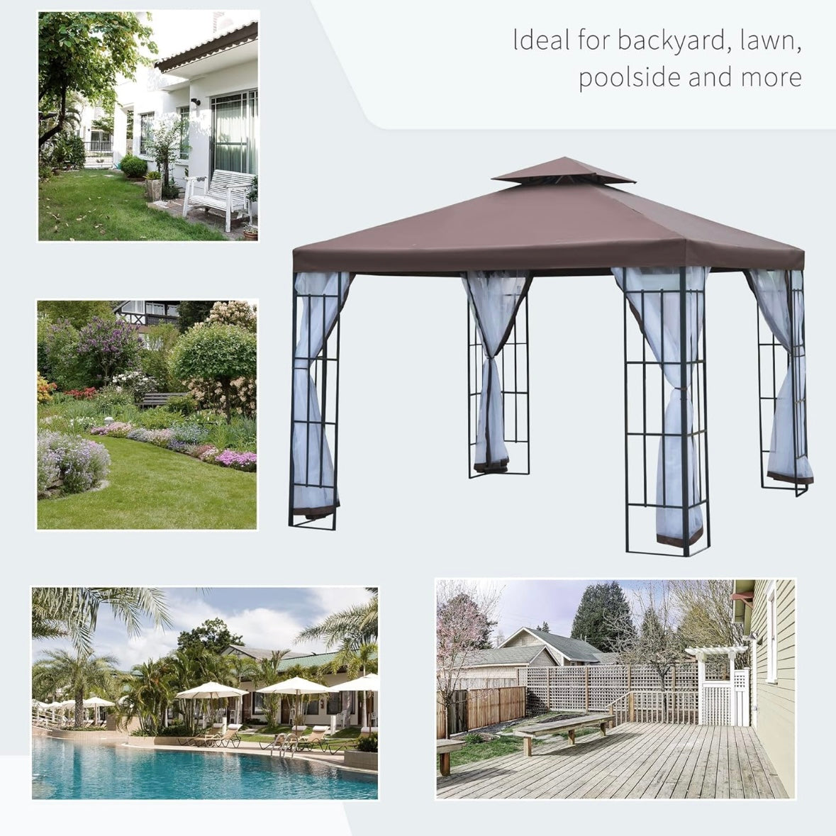 Outsunny 10’ x 10’ Double Roof Patio Gazebo – Aluminum Frame | Mesh Curtains | Water-Resistant Canopy