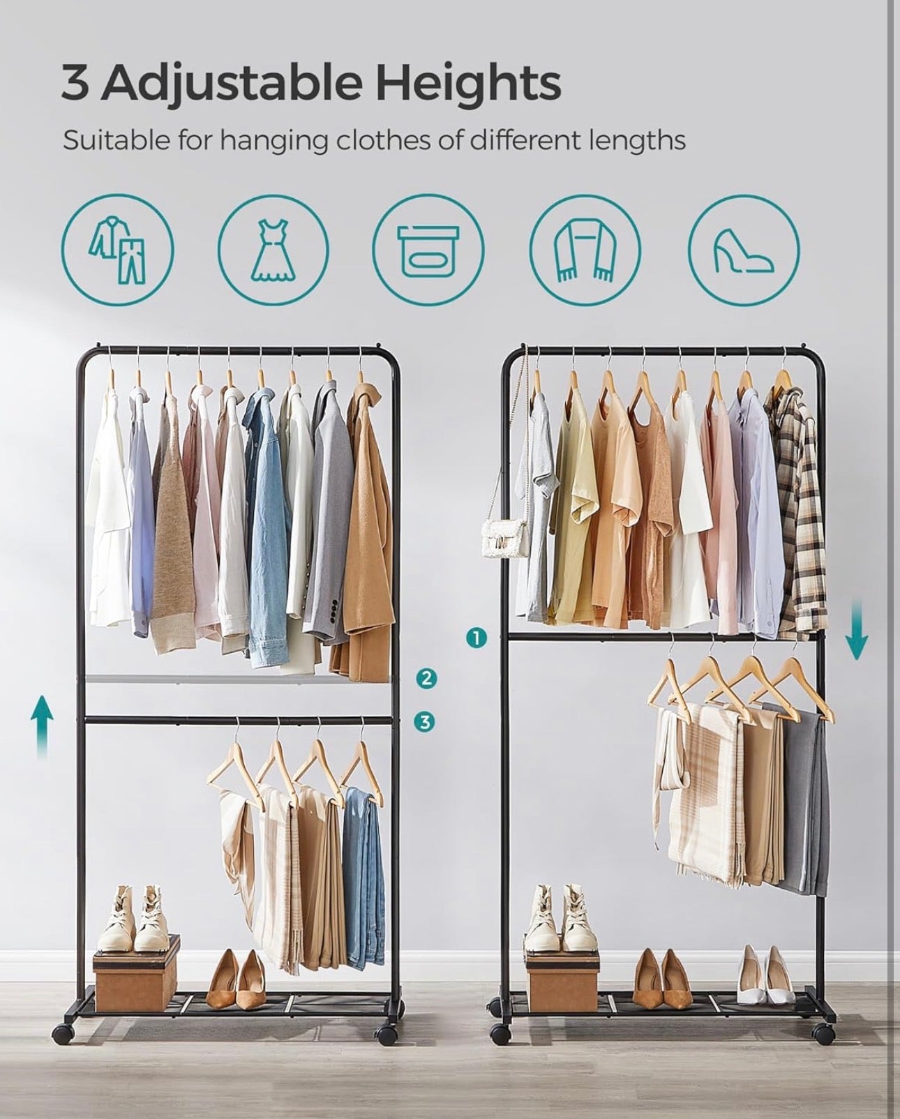 SONGMICS Adjustable Double Clothing Rack with Bottom Shelf
