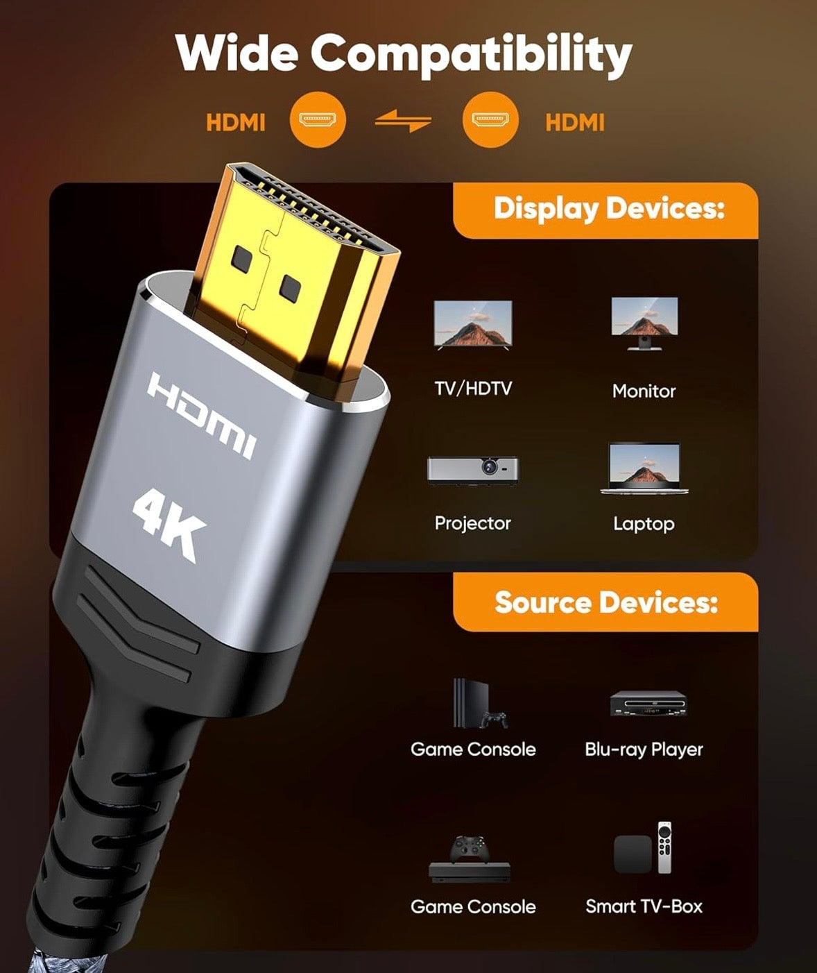 Snowkids 4K HDMI Cable – 10 ft High-Speed Braided HDMI Cable