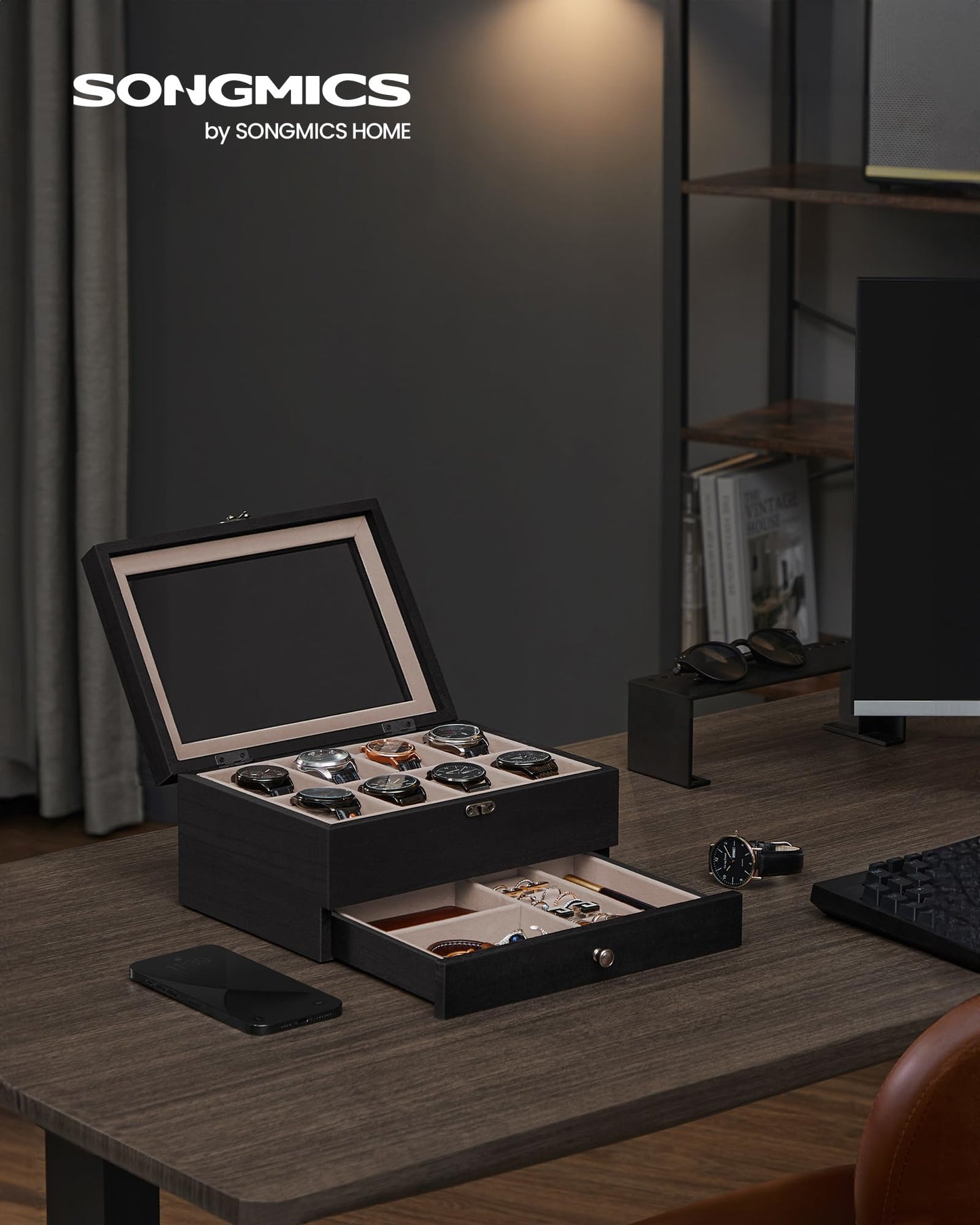 SONGMICS 2-Tier Wooden Watch & Jewelry Box