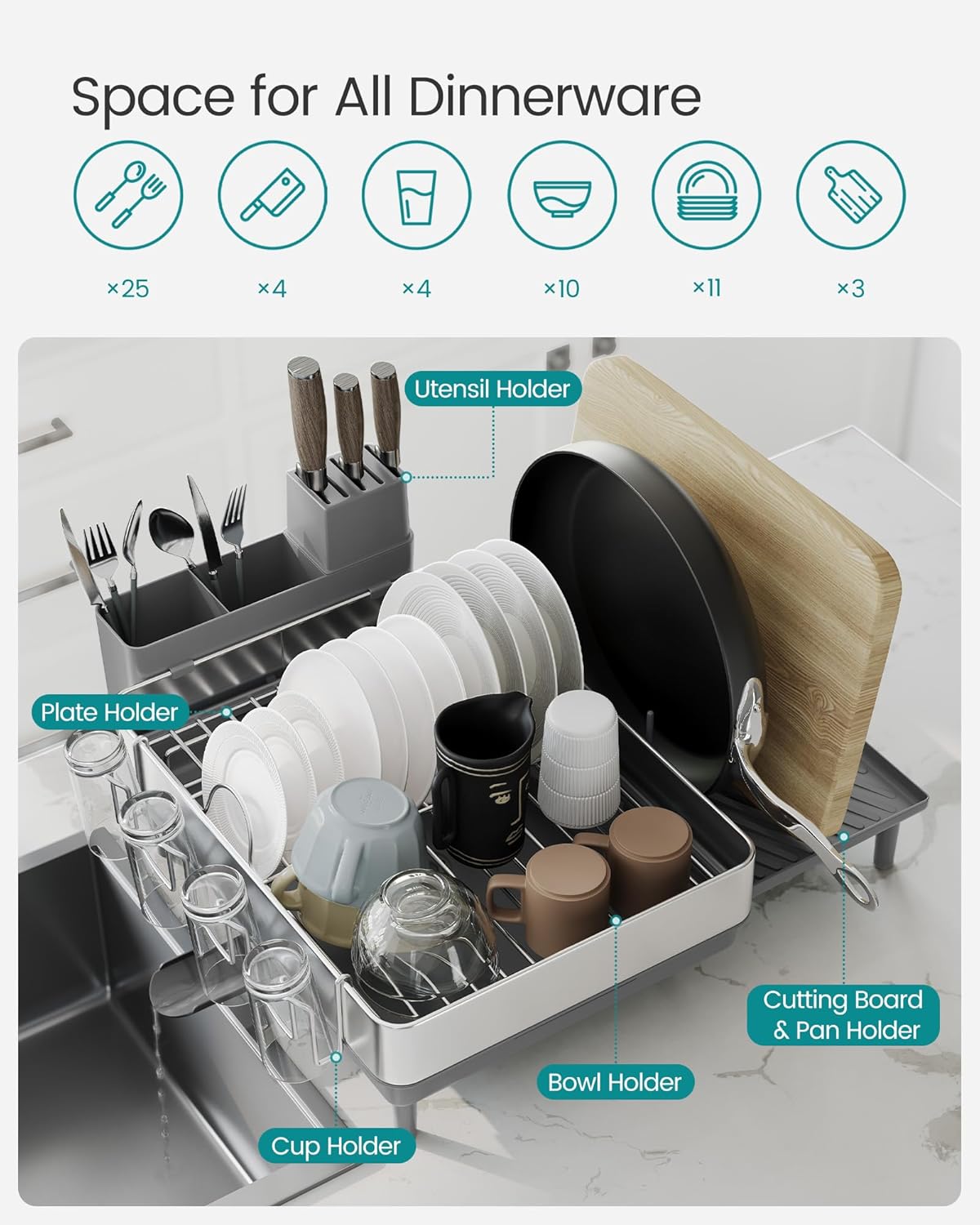 SONGMICS Stainless Steel Dish Drying Rack – Silver + Gray