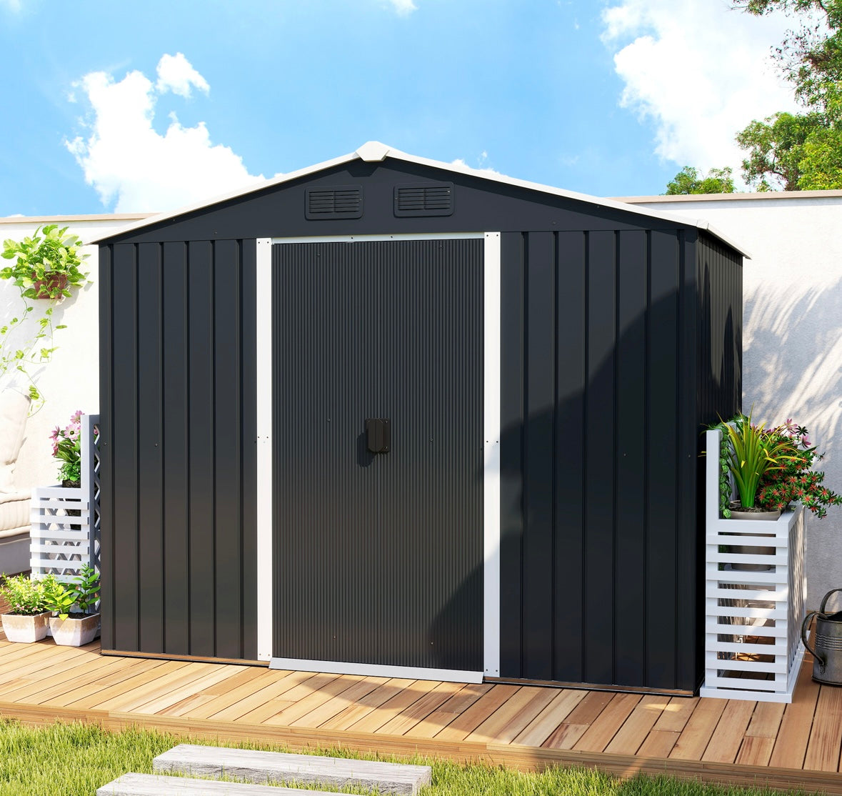 Outsunny 8×6 ft Metal Garden Storage Shed – Waterproof Steel Outdoor Tool Shed with Sliding Doors & Vents