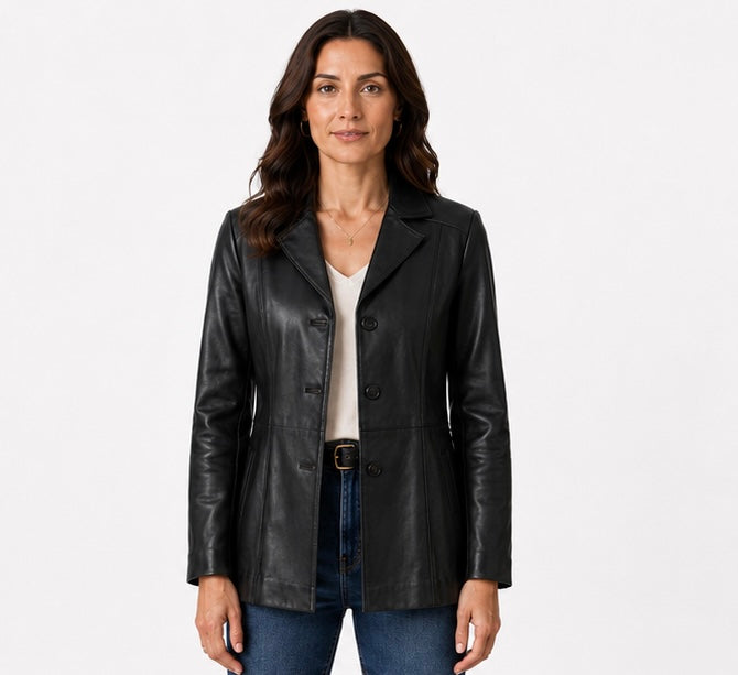 Women’s Tailored Black Leather Jacket – Medium