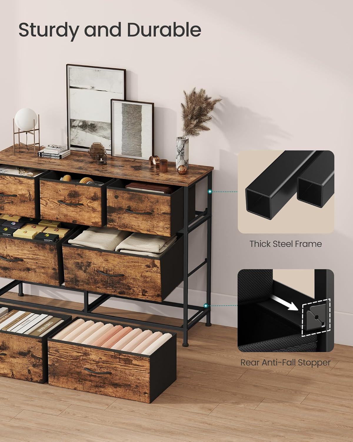 7-Drawer Fabric Dresser Storage Organizer – Rustic Brown & Ink Black