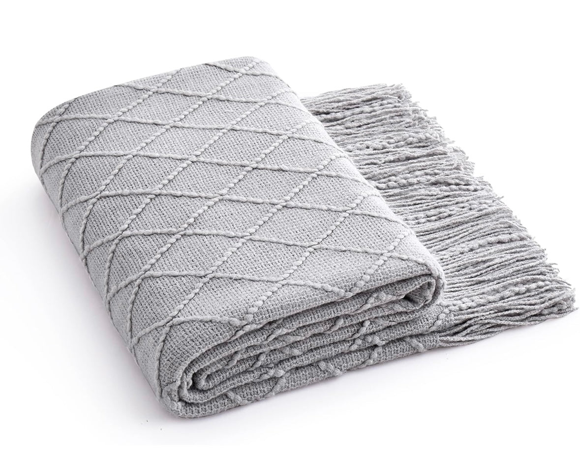 NEW – Counfeisly Grey Acrylic Knit Throw Blanket with Tassels – 50” x 60”