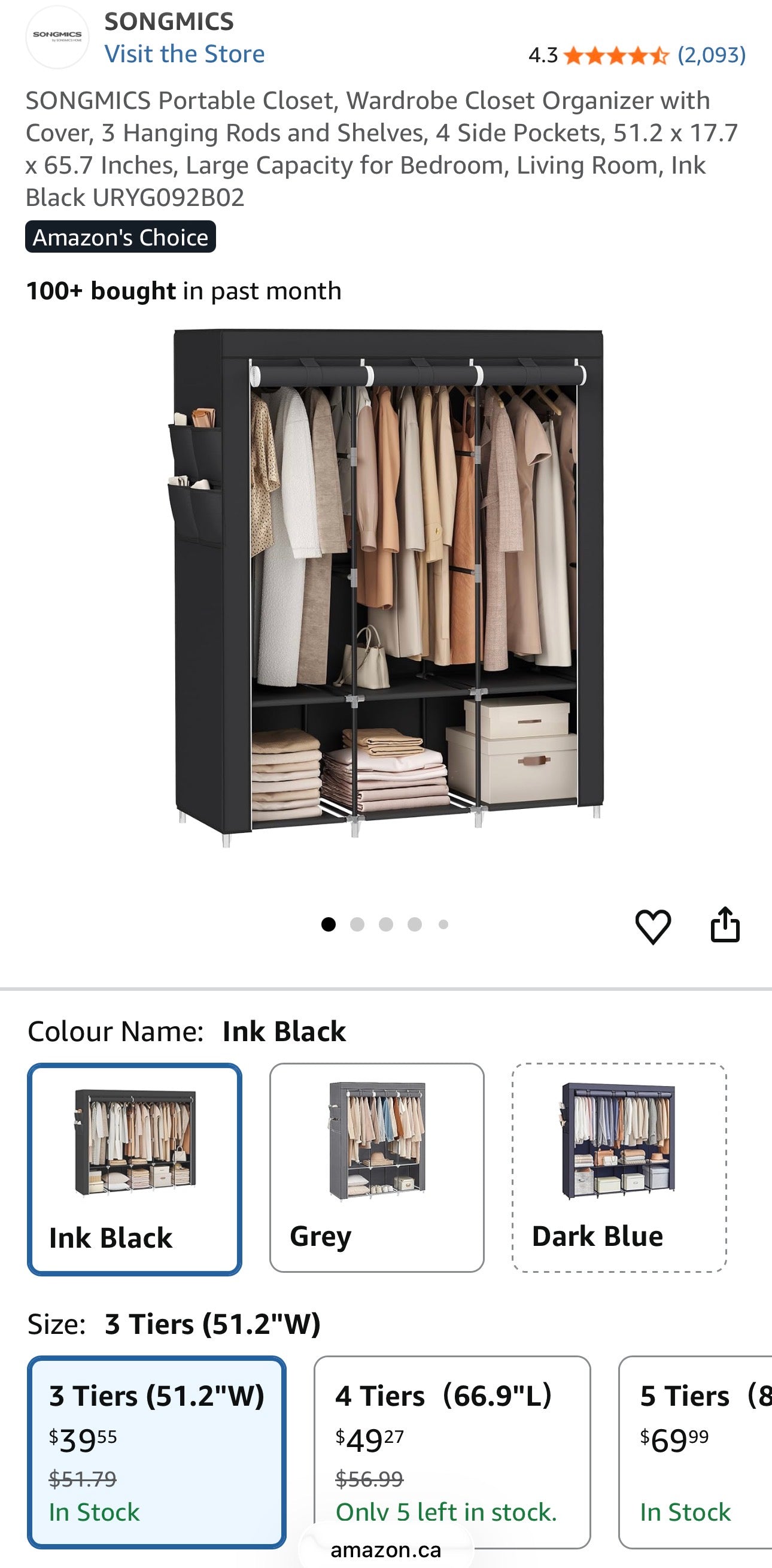 SONGMICS 3-Tier Portable Wardrobe Closet – Ink Black