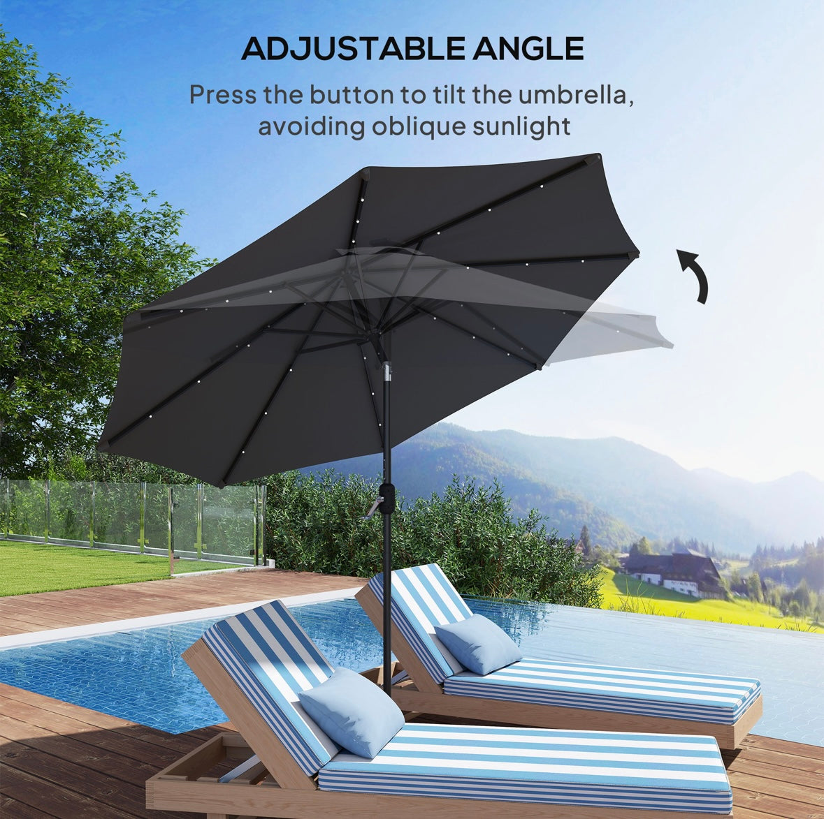 Outsunny 9ft Solar LED Patio Umbrella – 24 Lights | Tilt & Crank | Water-Resistant Canopy | Steel Frame