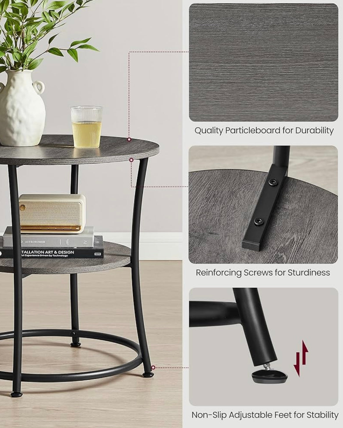 VASAGLE Misty Gray + Ink Black Round Side Table – 2-Tier Modern Accent Table