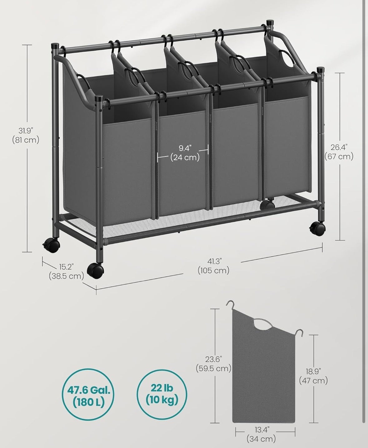 SONGMICS 4-Section Rolling Laundry Sorter – Large Capacity