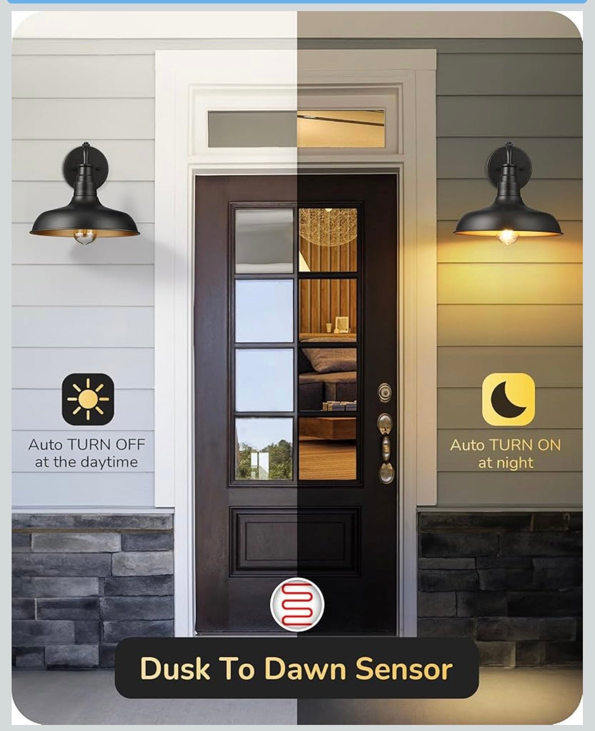 EDISHINE Dusk-to-Dawn Gooseneck Wall Light – Black & Gold (2-Pack)