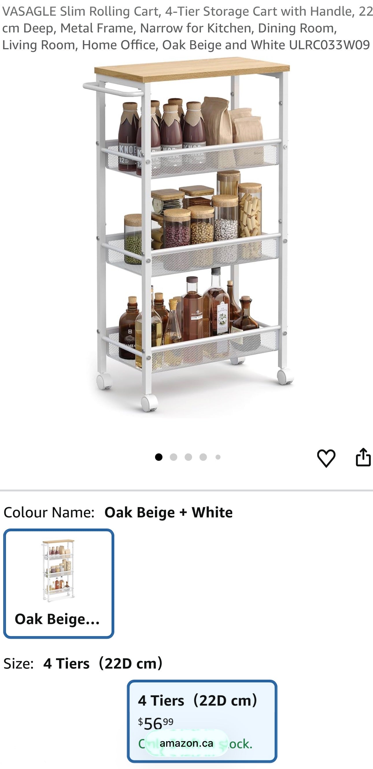 VASAGLE 4-Tier Slim Rolling Storage Cart