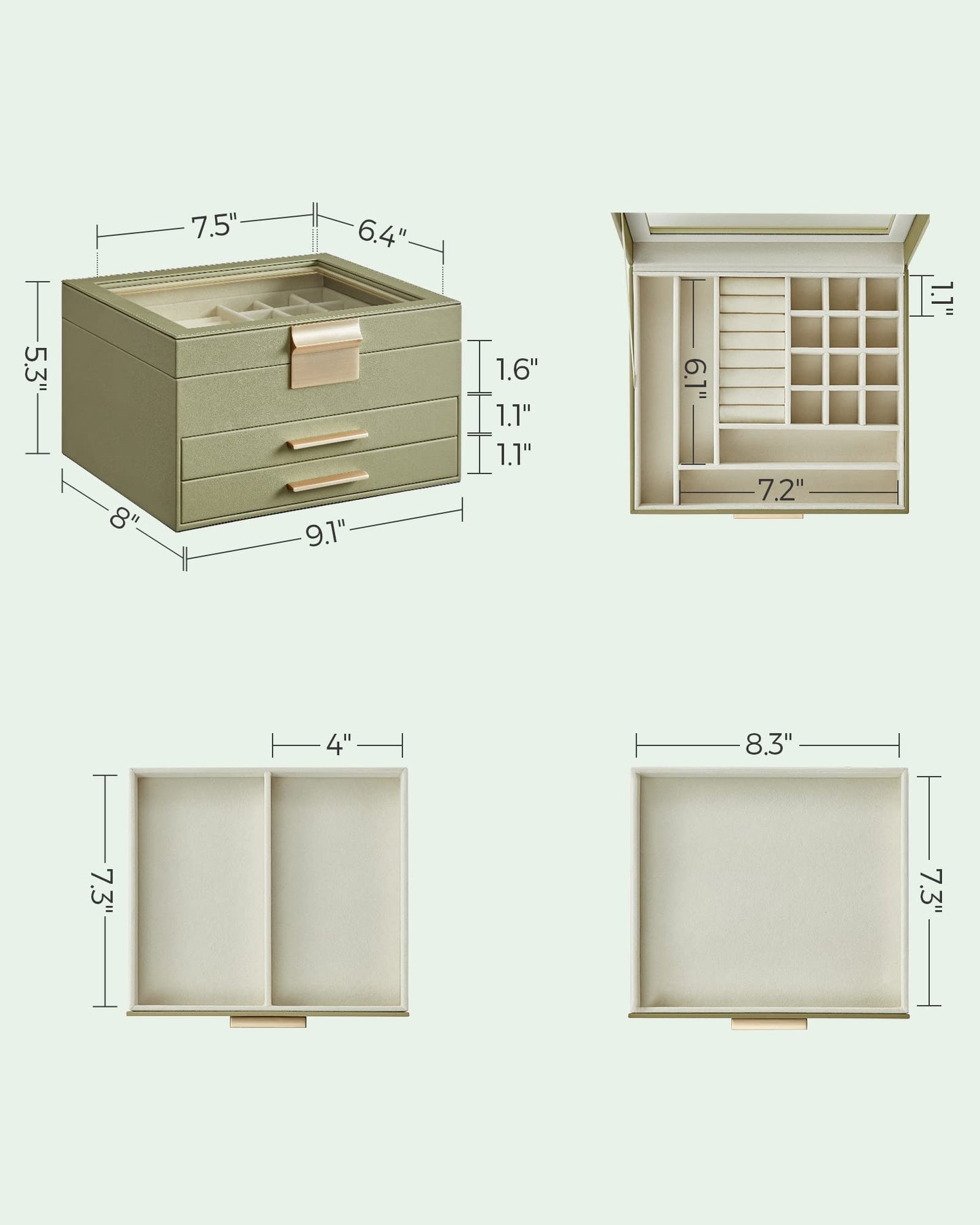 SONGMICS GISELLA Jewelry Box – Avocado Green & Gold
