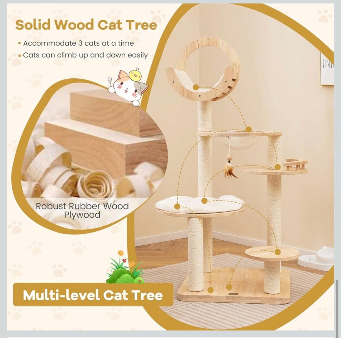 Modern Wooden Cat Tree Tower with Space Capsule